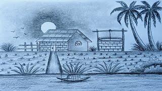 pencil drawing with river side comely village house very easy // drawing tutorial // pencil drawing