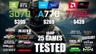 RTX 3070 8GB vs ARC A770 16GB vs RX 7700XT 12GB | R9 - 7950X3D | 1440p - 25 Games Tested