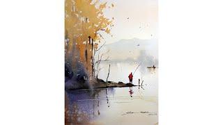 Lake watercolour landscape painting for beginners