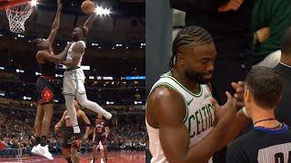 Jaylen Brown explains his celebration to the ref after nasty poster dunk 