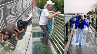 Funny moments about fear of heights, Scariest Cliff-side Glass Walkway, Amazing chinese landscape