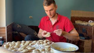 A typical day for a young man in a mountain village. Cooking dumplings with potatoes