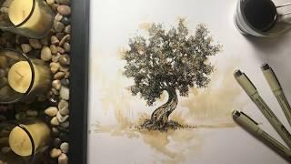 Painting a tree with coffee | Speed Drawing Art
