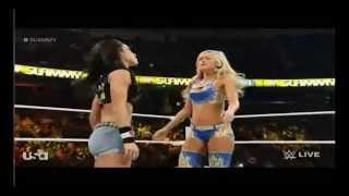 tall Summer Rae dwarfs AJ Lee