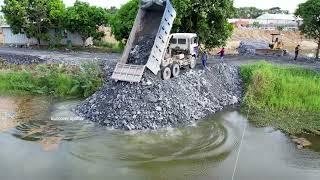 EP02 Dump truck Wheel 10 unloading Stone into the water Build New Road using Bulldozer pushing stone