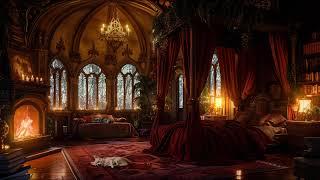 Nighttime Thunderstorm in a Cozy Castle Room - Rain and Fireplace Sounds with Dog and Cat - 8 Hours