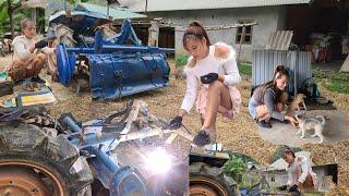 The girl went to the site to repair the large capacity two-function tractor harrow.