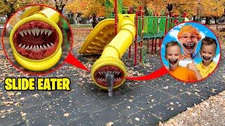 Drone Catches SLIDE EATER EATS BLIPPI, VLAD AND NIKI AT THE PLAYGROUND!! *SLIDE EATER IN REAL LIFE*