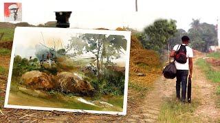 Plein Air Harvesting Painting in Watercolor Landscape Demo by Shahanoor Mamun | Haystack | Fishing