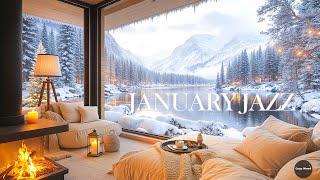 4K January Jazz on Cozy Porch Ambience - Relaxing Winter Ambience with Smooth Jazz & Fireplace