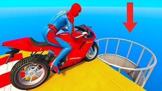 SPIDERMAN MOTORCYCLE Racing Challenge on Color Parkour Ramp ! SUPERHERO Hulk Goku Motos Race - GTA 5