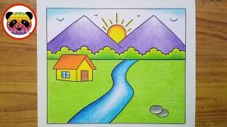 Scenery Drawing / Simple Landscape Scenery Drawing / How to Draw Beautiful Landscape Scenery