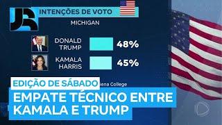 Eleições nos EUA: pesquisa de intenção de voto mostra Kamala e Trump empatados em estados-chave