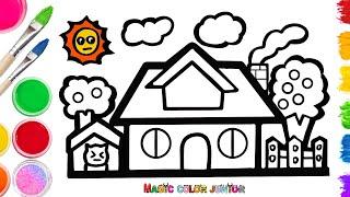 Drawing, Painting and Coloring a Beautiful House with Garden | Easy Step By Step