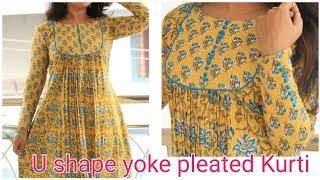 U shape yoke pleated Kurti with potli button/Yoke pleated Kurti cutting and stitching
