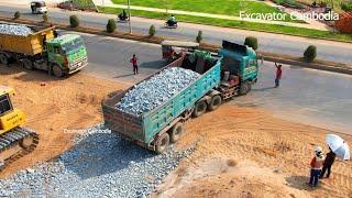 Fantastic Building Standard Foundation Road Construction By Long Dump Trailer And Shantui Bulldozer