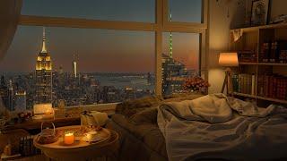 4K Cozy Bedroom With A Night View Of New York City with Jazz Music for Relax and Study