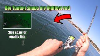 Big Tautog snaps my lightest rod/ Side scan use to target big fish/ Slider hook rig for whole crab