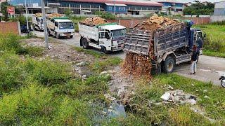 First Start New Project, Large Size Land Fill By Land Trucks With Dozer D21p Push Lands Into Water