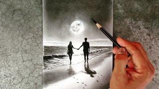 How to draw a landscape by pencil of a couple on a moonlight beach.