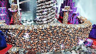 World’s 4th Largest Wall of Poker Chips! 100-Quarter High-Limit Coin Pusher Challenge