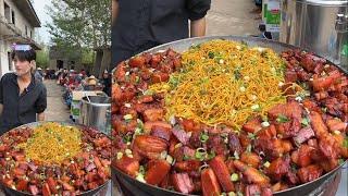 A Handsome Chinese Guy Cook Free Meals / Pork Noodles Food for the old on the Street in a Village