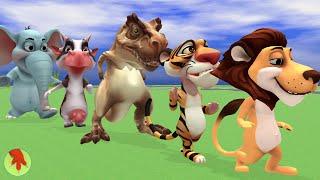 Cow, Tiger, Lion, Dinosaur Trex, Elephant Playing Sprint Running In Animal Olympic Games Cartoon