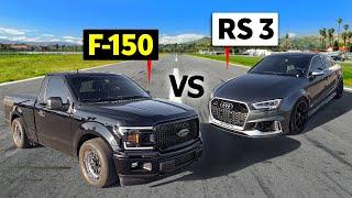 860HP IROZ Audi RS 3 vs 1100HP Twin Turbo Coyote F-150 in NO-PREP DRAG RACING!