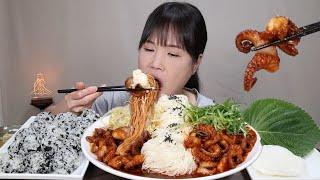 Bean sprouts, green onion salad, rice balls, spicy, stir-fried webfoot octopus, mukbang.