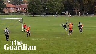 Spectacular overhead kick goal in amateur football match