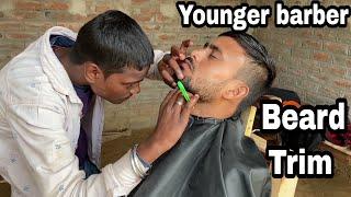 Younger barber head and beard trim with comb and razor by Indian street barber //ASMR