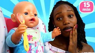 Kids play dolls & Feeding Baby Annabell doll. Washing machine toys for Baby Born doll - Family fun.