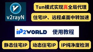 V2rayN最新版 Tunnel模式实现真全局代理，住宅IP中转加速，IP2World静态住宅IP、动态住宅IP使用教程，IP纯净度检测，远程桌面中转加速