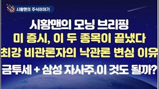 모닝 브리핑. 미 증시 이 두 종목이 흔들었다. 최강 비관론자의 낙관론 변신. 이유 보니. 달라진 증시, 새로 뜨는 종목들. 금투세 폐지에 삼성 자사주까지. '이 것도' 될까?