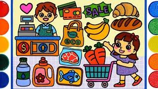 Supermarket Shopping, Jelly Coloring & Painting | Clay Drawing for Kids and Toddlers, Learn colors