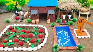 DIY making mini Farm Diorama with House for Cow, Pig - Mini Hand Pump Supply Water Pool for Garden