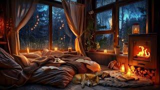 Enjoy a Heavy Thunderstorm in a Cozy Corner with Rain and Crackling Fireplace