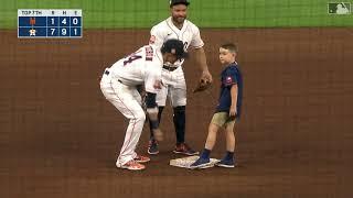 Astros young fan goes for 2nd base (aka the wrong base) during end of inning contest!! 