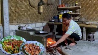 hujan deras, suami masak sendiri,tumis jamur enoki, udang goreng, makan bersama anak di malam hari