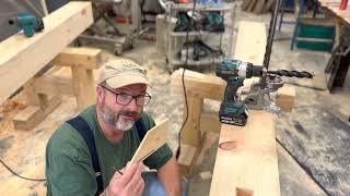 Timber Framing:  peg hole drilling for a perfect hole on both sides of the timber