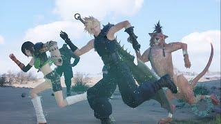 Cloud Yuffie and Nanaki strike a cactuar pose with Chadley