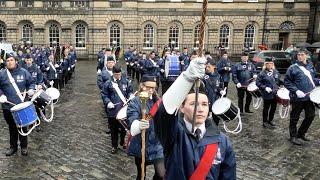 Boys Brigade Drum, Bugle and bagpipe Band parade in Parliament Square Edinburgh