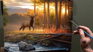 Landscape Oil Painting "Autumn Sings" - Bull Elk at Sunrise