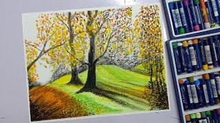 #howtodraw Oil pastel scenery / Step by step tree landscape oil pastel Drawing for beginners