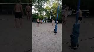 Beach volleyball, great ball block.