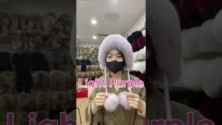 MWfur Knit Women Hat Natural Fox Fur Trimmed With Pompom Fleece Lining Earflap Warm For Women Purple