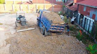 Start incredible new PROJECT! Power machinery, dump trucks & dozer push soil into water