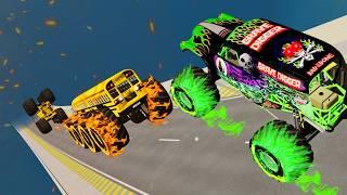 Grave Digger & 10 Monster TRUCKS & Lightning McQueen - EPIC Water ramp Hight Speed Jump & Crash Test