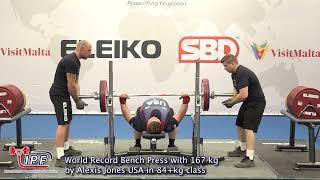 World Record Bench Press Classic with 167 kg by Alexis Jones USA in 84+kg class