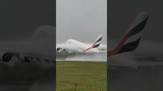 Emirates A380 Takeoff in a Heavy Rain Storm  #emirates #a380 #manchester #storm #takeoff